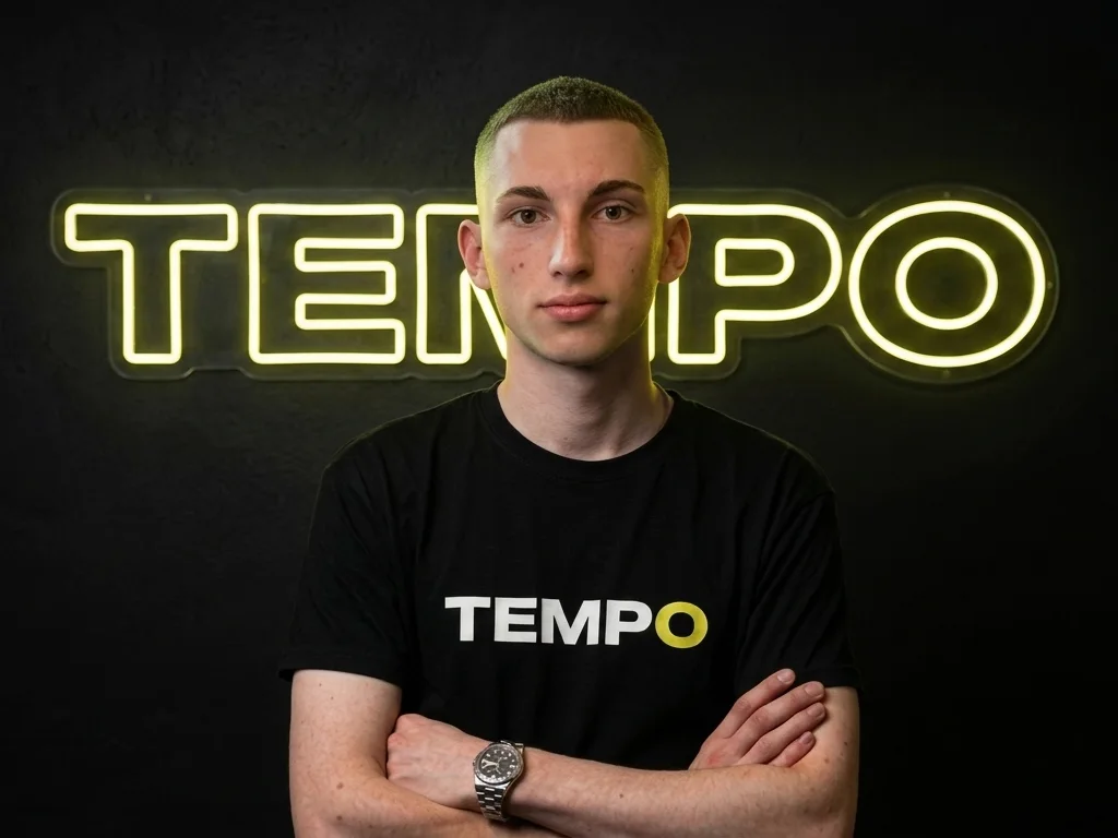Władysław przed neonem z logo TEMPO